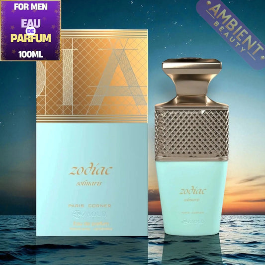 Paris Corner Zodiac Solmaris Perfume bottle and packaging with 'Ambient Beauty' branding on a scenic background