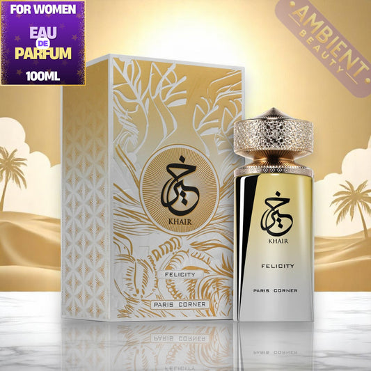 Paris Corner Khair Felicity perfume bottle and packaging with desert background
