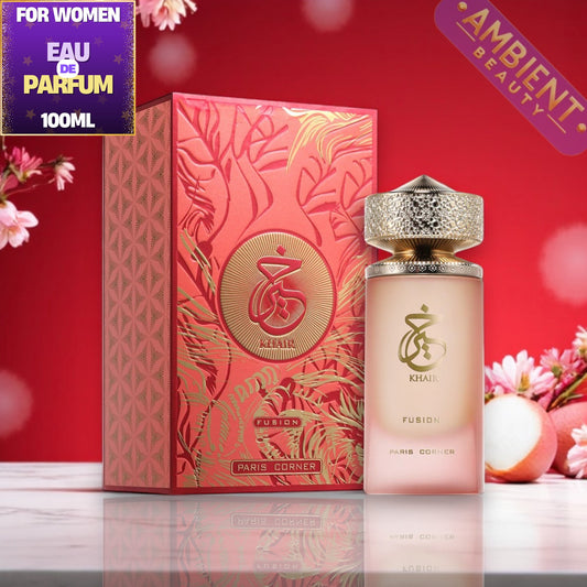 Paris Corner Khair Fusion perfume bottle and packaging with floral elements on a red background