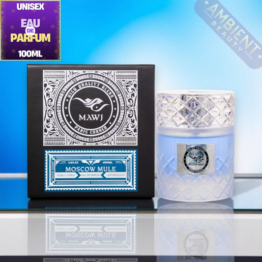 MAWJ Moscow Mule perfume bottle and packaging on a reflective surface with blue background