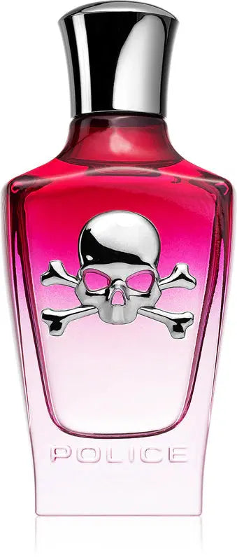Pink police perfume bottle with skull design on a white background