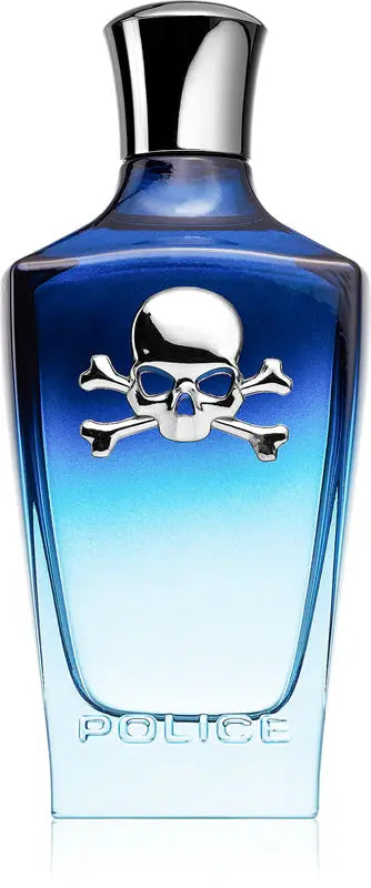 Blue Police perfume bottle with skull design on a white background
