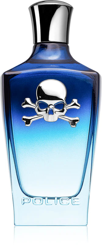 Blue Police perfume bottle with skull design on a white background