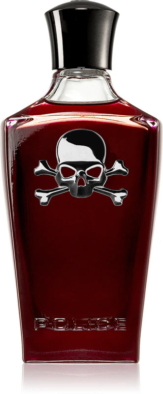 Red bottle with skull and crossbones design on a white background
