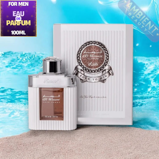 Perfume bottle and packaging with a blue water background