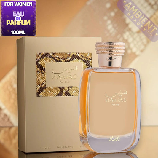 HAWAS perfume bottle and packaging on a reflective surface with a blurred background