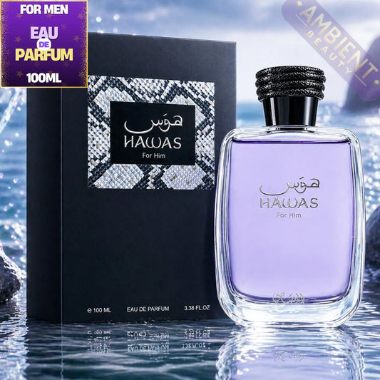 Hawas perfume bottle and packaging on a water background