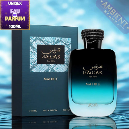 Hawas Malibu perfume bottle and packaging on a blue water background