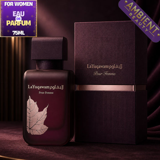 LaYuqawam perfume bottle and packaging with 'Ambient Beauty' branding on a dark background