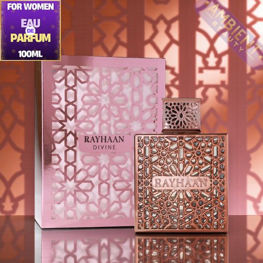 Rayhaan Divine perfume bottle and packaging with intricate designs on a patterned background.