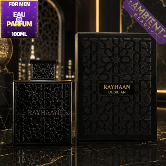 Black perfume bottle and packaging with 'Rayhaan Obsidian' on a dark background