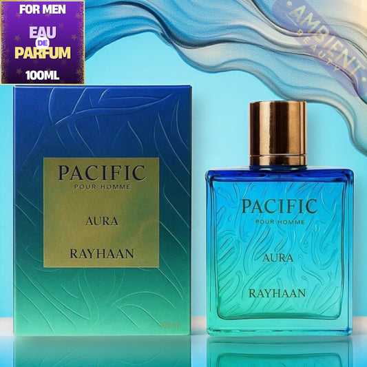 Blue Pacific Pour Homme Aura Rayhaan perfume bottle and packaging on a reflective surface with a blue gradient background.