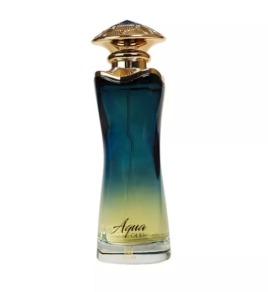 Aqua Oud Perfume bottle with gradient design and gold cap on a white background
