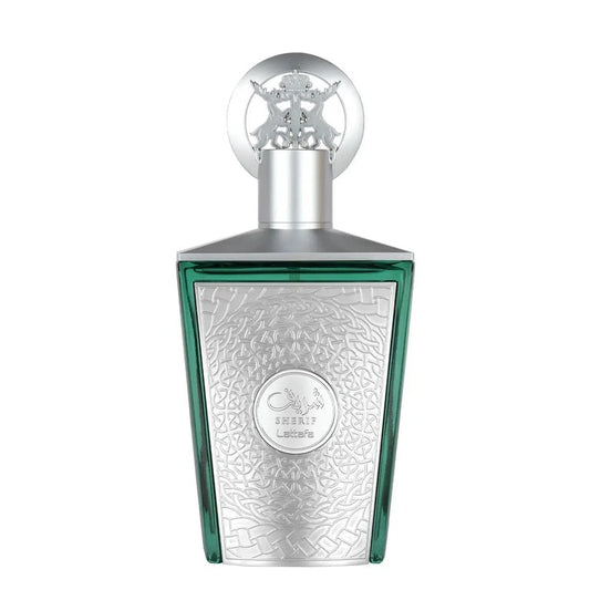 Lattafa Sherif silver and Green perfume bottle with silver cap on a white background