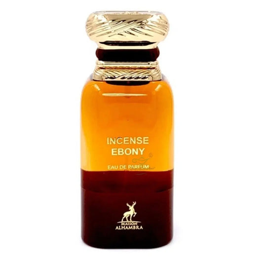 Perfume bottle labeled 'Incense Ebony' by Maison Alhambra on a white background
