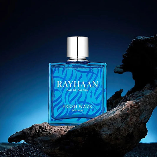 Rayhaan Fresh Wave Blue perfume bottle labeled 'Rayhaan' on a dark background