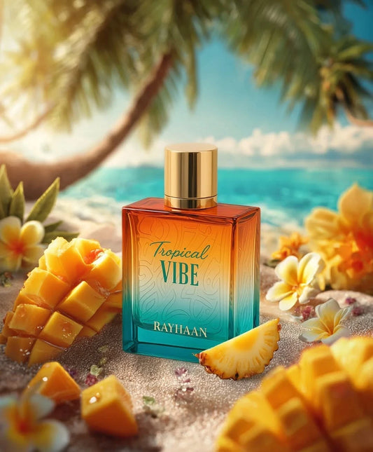 Rayhaan Tropical Vibe Perfume bottle labeled 'Tropical Vibe' by Rayhaan with tropical fruits and flowers on a beach background