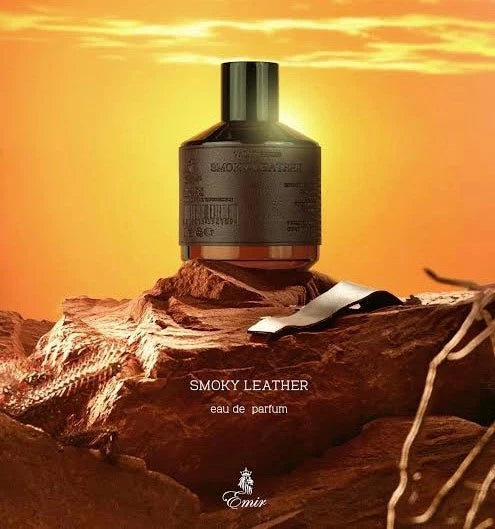 Perfume bottle labeled 'Smoky Leather' by Emir on a rocky surface with an orange sky.