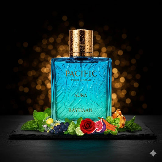 Blue perfume bottle labeled 'Pacific Aura Rayhaan' with decorative elements on a dark background