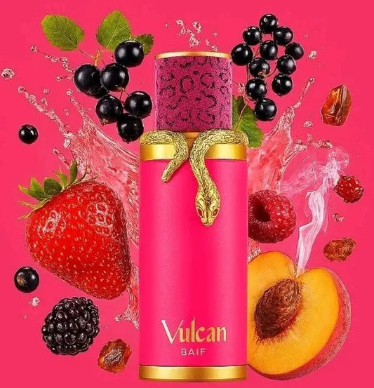 French Avenue Vulcan Baie Pink and gold bottle labeled 'Vulcan' with fruit and berries on a pink background