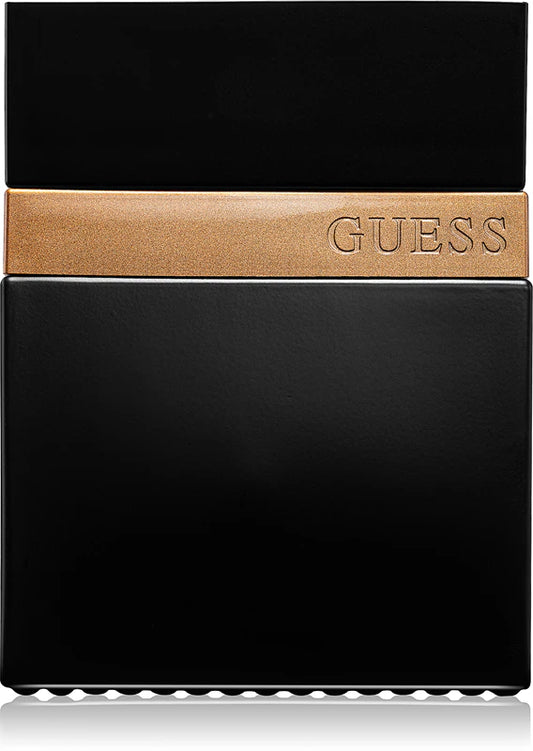 Black Guess perfume bottle with gold cap on a white background
