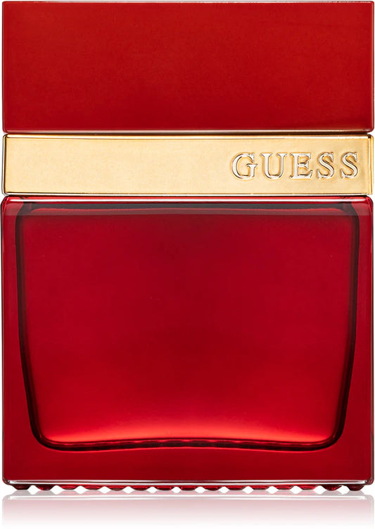 Red Guess perfume bottle with gold cap on a white background