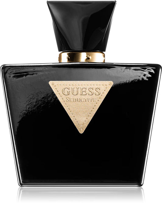 Black perfume bottle with gold accents featuring the Guess logo on a white background