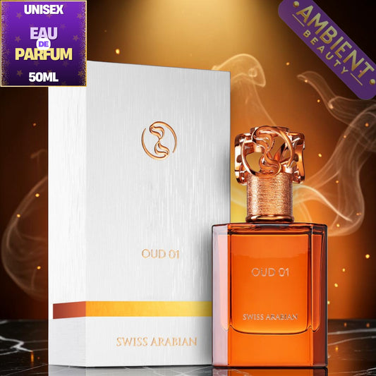 Orange perfume bottle with packaging and 'Ambient Beauty' branding on a dark background