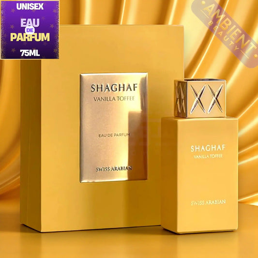 Shaghaf Vanilla Toffee perfume bottle and packaging on a gold background