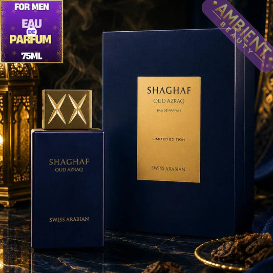 Shaghaf Oud Azraq perfume bottle and packaging on a dark background