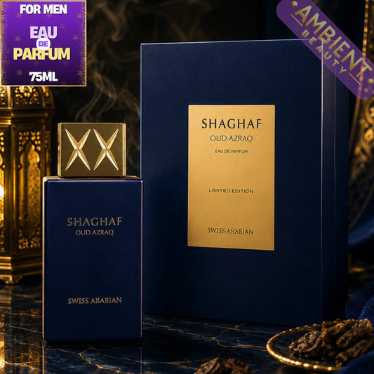 Shaghaf Oud Azraq perfume bottle and packaging on a dark background