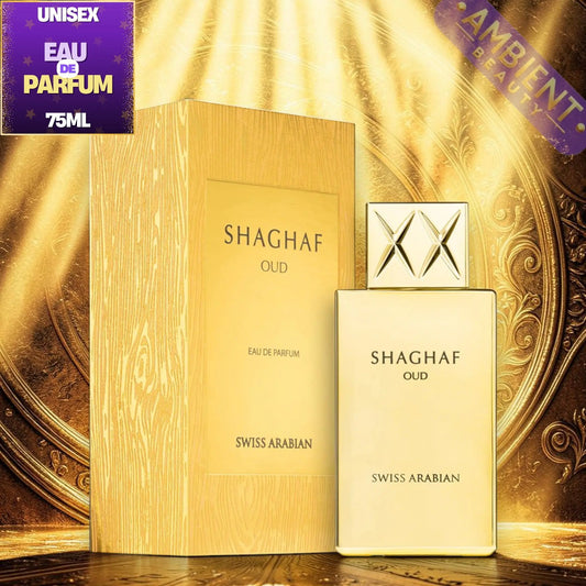 Shaghaf Oud perfume bottle and packaging on a decorative background