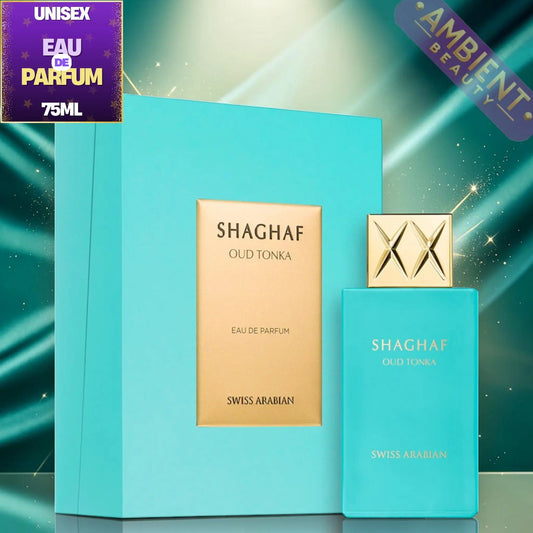 Shaghaf Oud Tonka Eau de Parfum packaging with blue and gold design on a green gradient background.