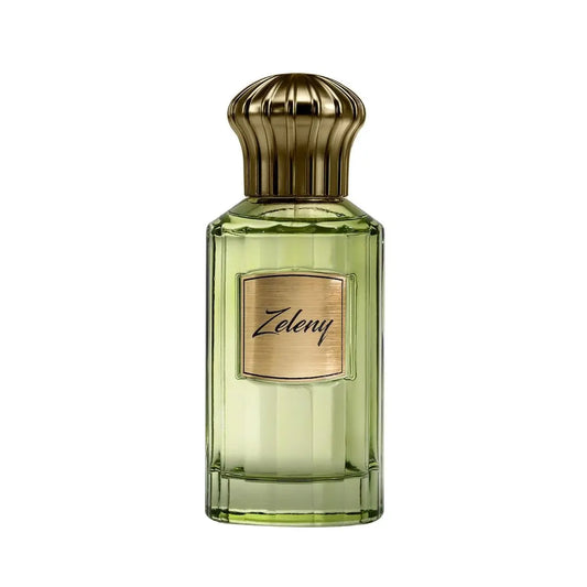 Ahmed Al Maghribi Zeleny Green perfume bottle with gold cap on a white background