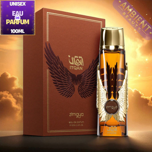 Zimya Itqan Gold perfume bottle and packaging with sunset background