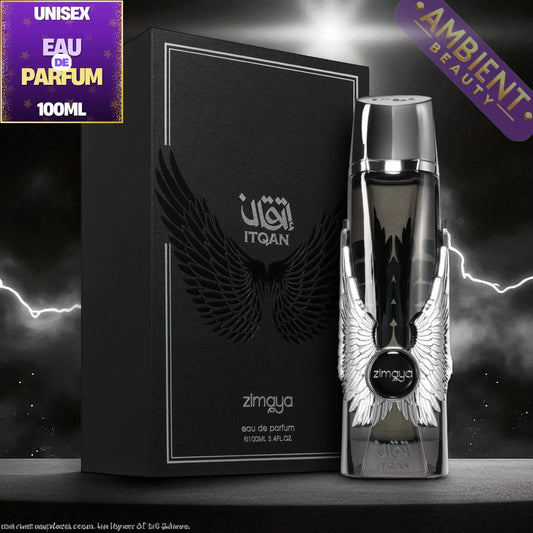 Zimgya Itqan Noir perfume bottle with packaging on a dark background