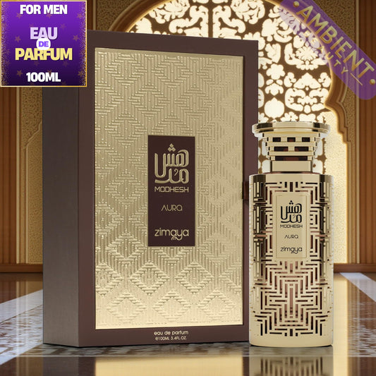 Modhesh Aura Zimaya perfume bottle and packaging on a decorative background