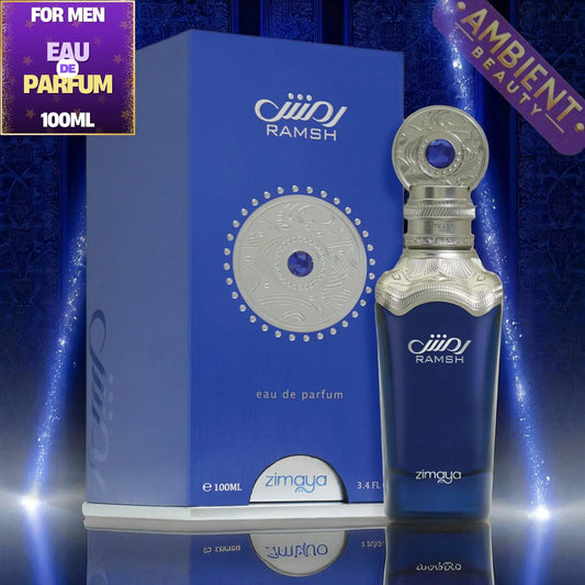 Zimaya Ramsh Imperium Blue RAMSH eau de parfum bottle and packaging on a blue background with 'Ambient Beauty' branding.