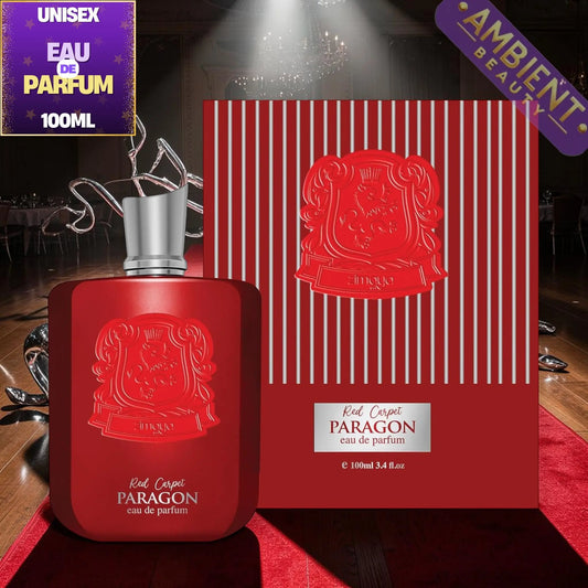 Red Carpet Paragon perfume bottle and packaging on a red carpet with 'Ambient Beauty' branding.