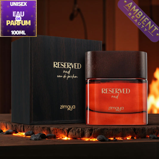 Zimaya Reserved oud eau de parfum bottle and packaging with fire in the background