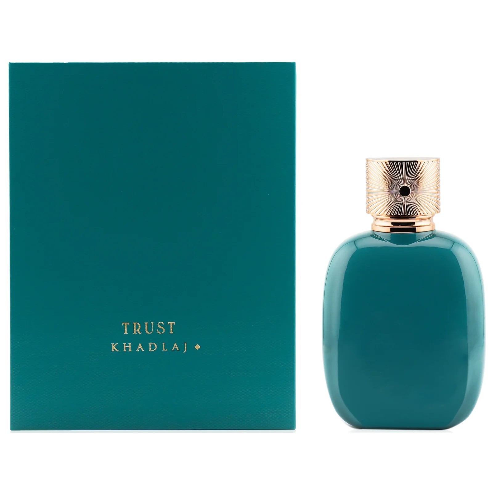 Teal perfume bottle with gold cap next to teal packaging labeled 'Trust Khadlaj' on a white background