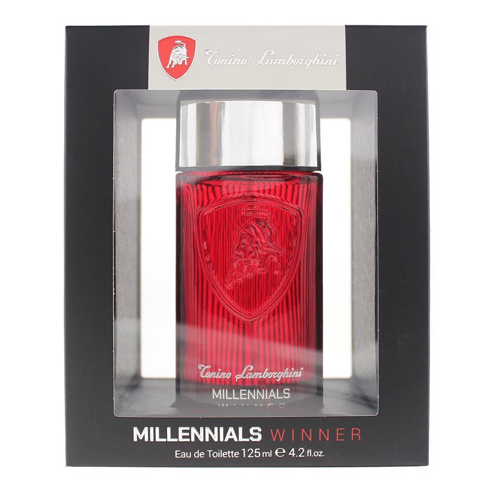 Red perfume bottle with 'Lamborghini' branding in a clear packaging on a white background