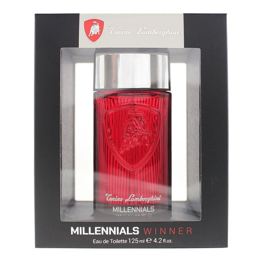 Red perfume bottle with 'Lamborghini' branding in a clear packaging on a white background