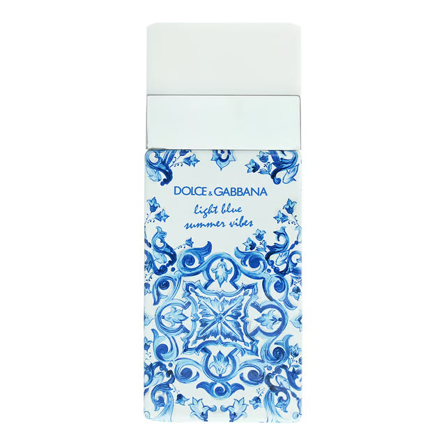 Dolce & Gabbana Light Blue Summer Vibes perfume bottle with decorative blue pattern on a white background