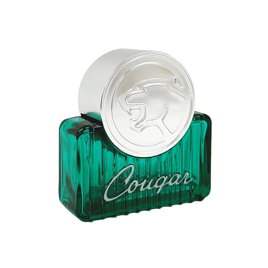 Green and silver Cougar perfume bottle on a white background