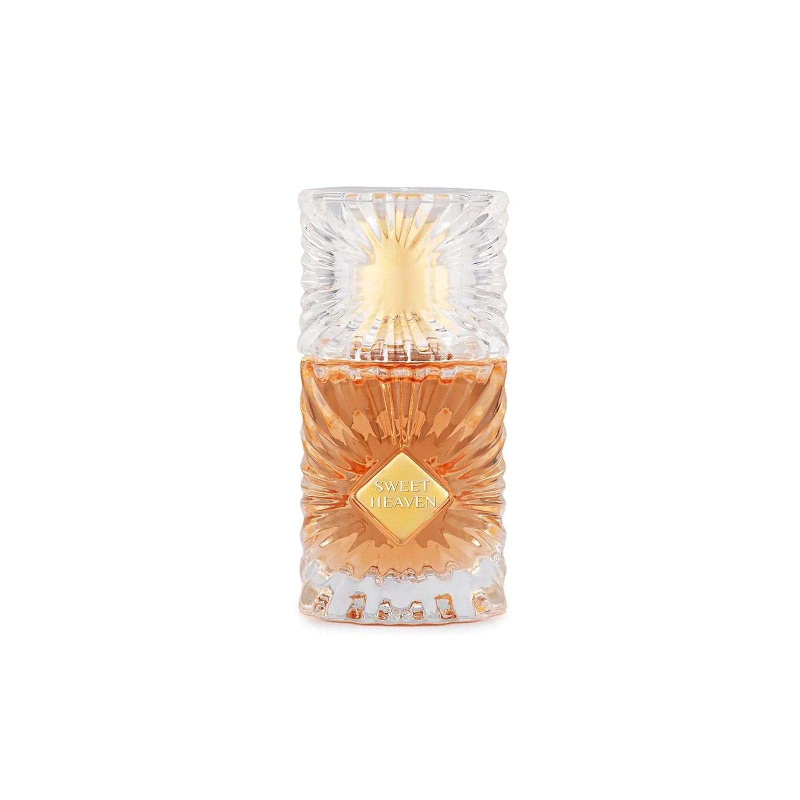 Perfume bottle with decorative label on a white background