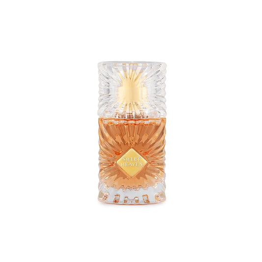 Perfume bottle with decorative label on a white background