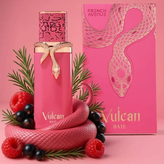 French Avenue Vulcan Baie Pink perfume bottle and packaging with decorative elements on a pink background