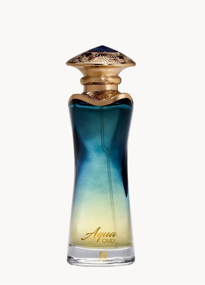 Aqua Oud Perfume bottle with gradient design and gold cap on a white background