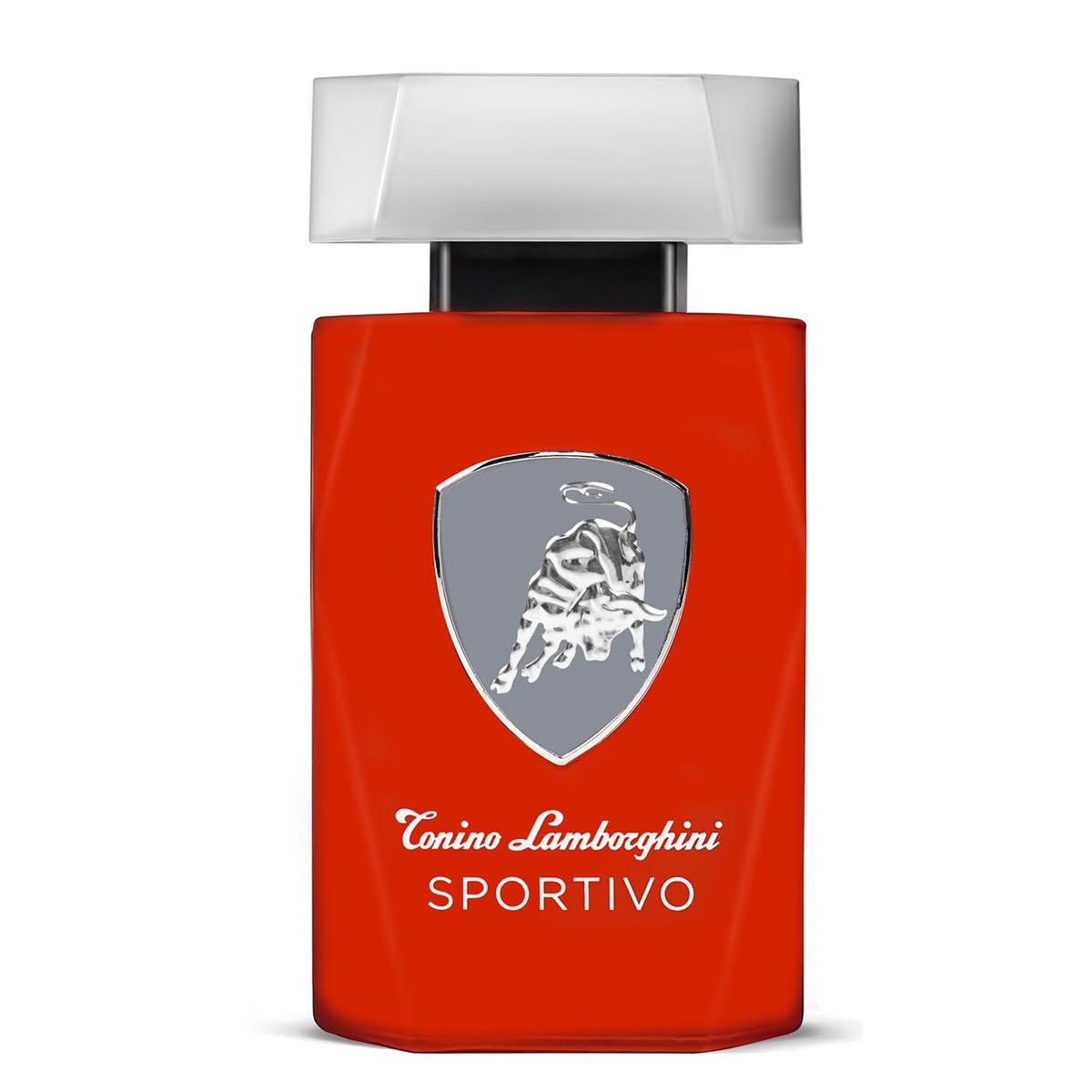 Red perfume bottle with a silver cap featuring Tonino Lamborghini Sportivo branding on a white background.